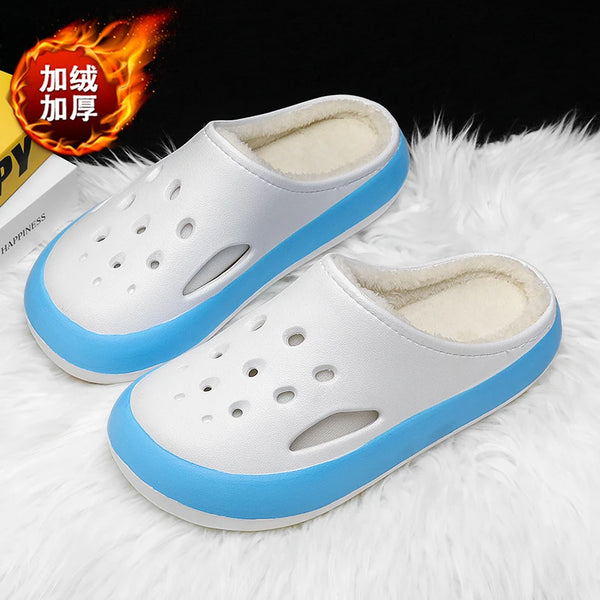 Indoor Soft Comfort Clogs with Fur Warm Plush Slippers Winter Home Cotton Shoes Half Shoes for Men Women Slip on Rubber Sandals