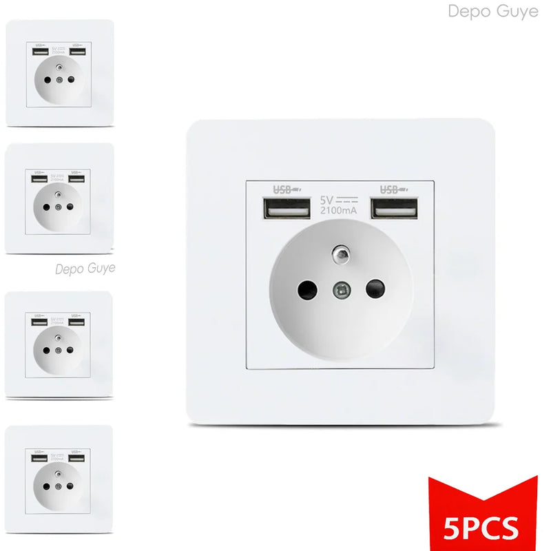 EU FR Power Socket ,Socket With Usb Charging Port and Type c White Stainless Steel Panel Russia Spain Wall Socket 5/10 PCS