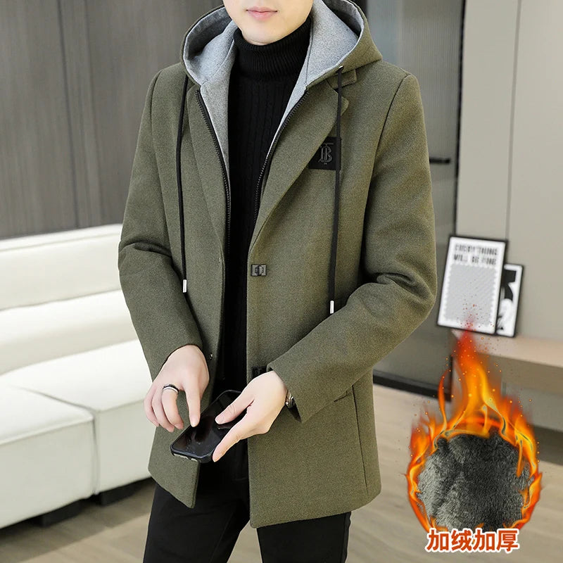 2026 Winter New Men's Black Long-Sleeve Hooded Trench Coat, Dark Gray Single-Breasted Long Jacket, Stylish and Warm Overcoat.