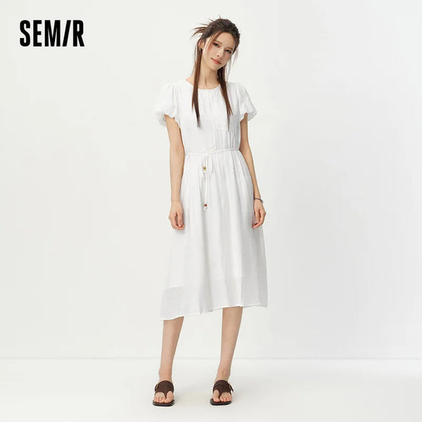 រ៉ូបស្ត្រី Semir ដៃអាវប៉ោងចង្កេះចងខ្សែ Maxi ឆើតឆាយវិស្សមកាលពណ៌សរដូវក្តៅ 2026 ស្ទីលរ៉ូមែនទិក