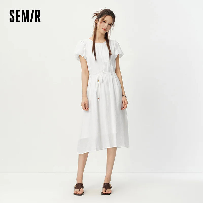 Semir Women Dress Puff Sleeve Waist Cinching Textured Maxi Elegant Vacation White 2026 Summer Romantic Style Top