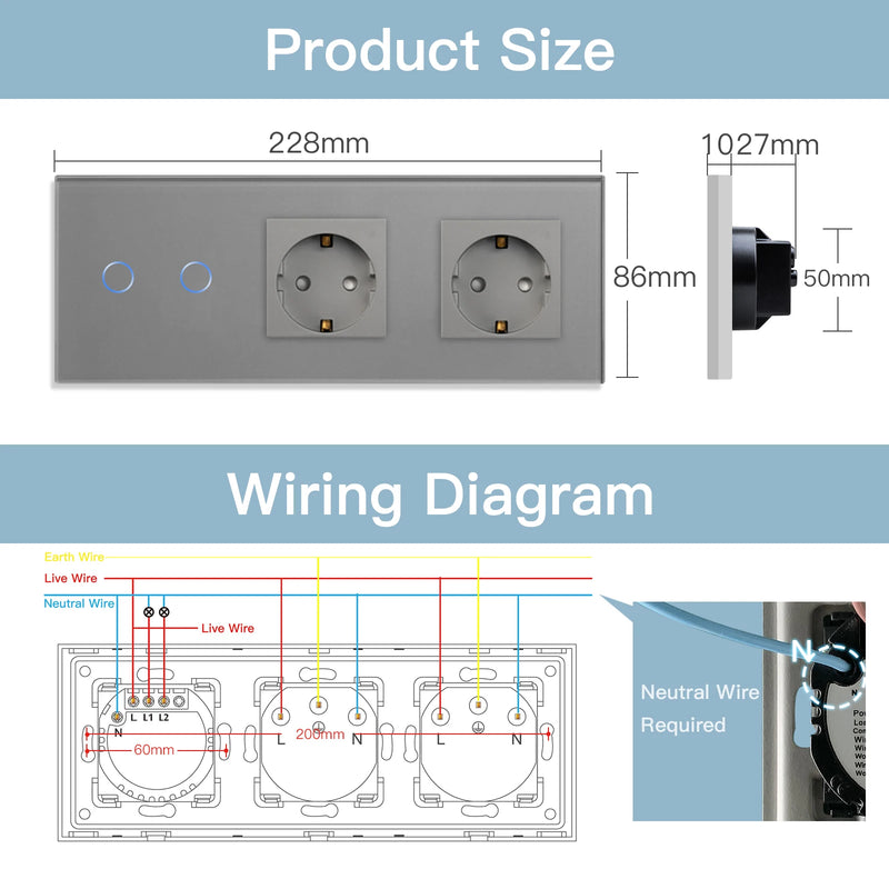 BSEED Wifi Wall Touch Switches 1/2/3Gang 1/2/3 Way Light Switch With Double EU Power Sockets Smart Life Google Alexa Control