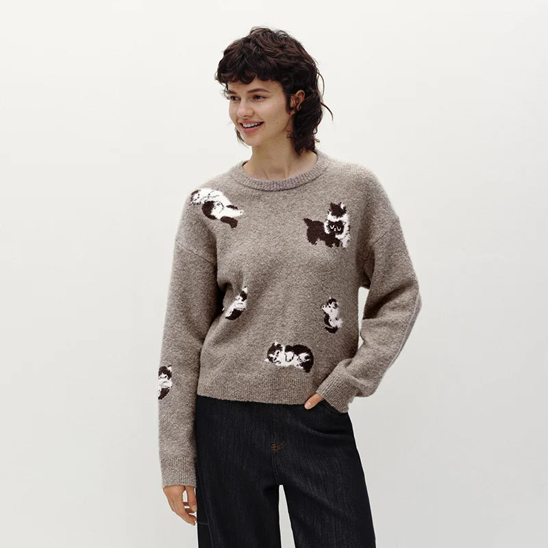 Semir Women Sweater Cat Graphic Drop Shoulder Petite Fit 2026 Winter Warm Knit Everyday Style Soft Touch Layering Wear