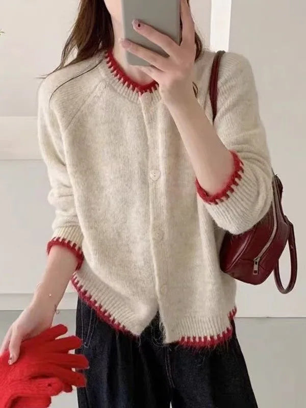 Single Breasted Stripes Contrasting Colors Crew Neck Cardigan Sweater Women's Jacket Autumn Winter New Age-reducing Knitted Top