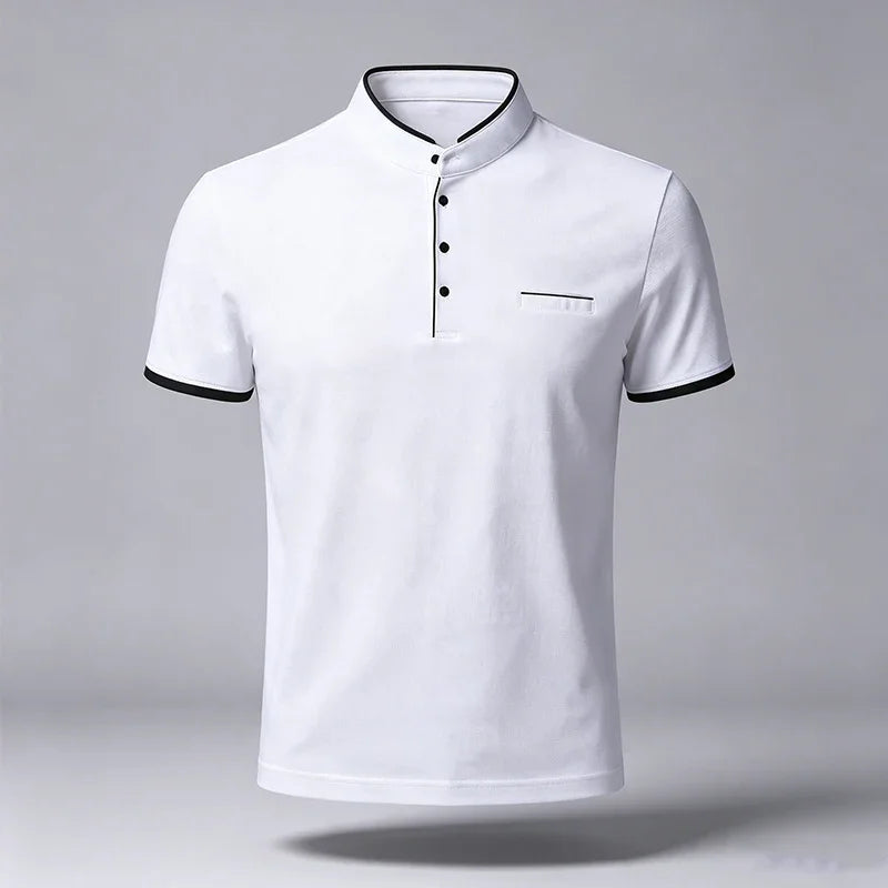 Men Regular Fit Short Sleeve Polo Shirt Stand Collar Chest Pocket For Office Business Look And City Street Daily Wear
