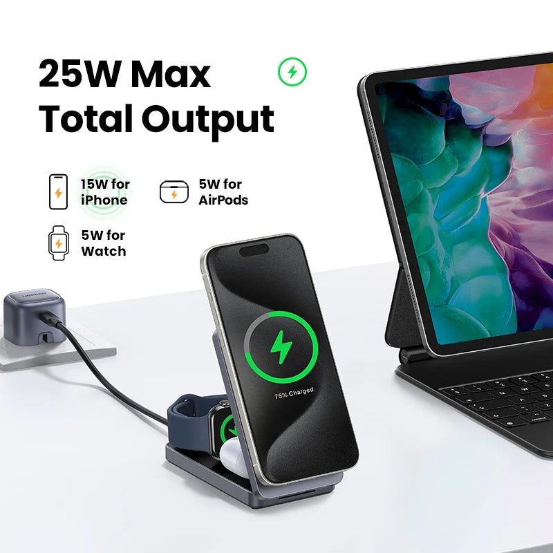 UGREEN 3-in-1 MFi 15W MAX Magnetic Wireless Charger Qi2 Certificated Charging Stand For iPhone 16 17 Pro Max Fast Charger