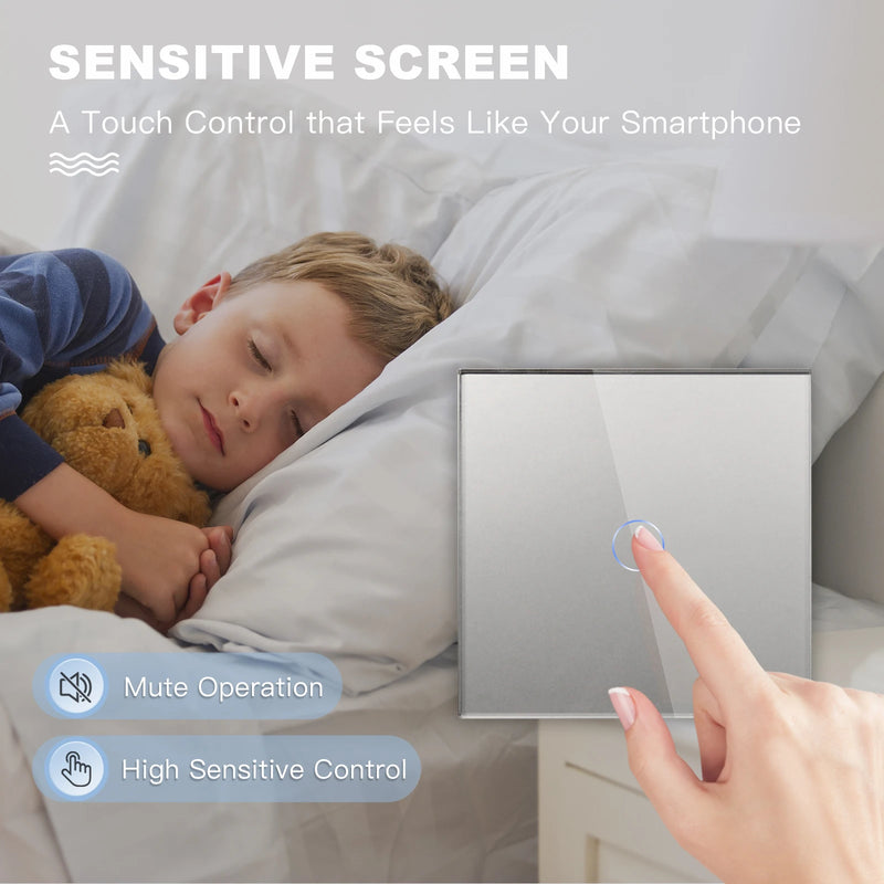 Bseed Wall Touch Light Switch 1/2/3Gang 2Way Light Switch With EU Socket USB Type-C Glass Panel Blue Backlight 240V for Stairs