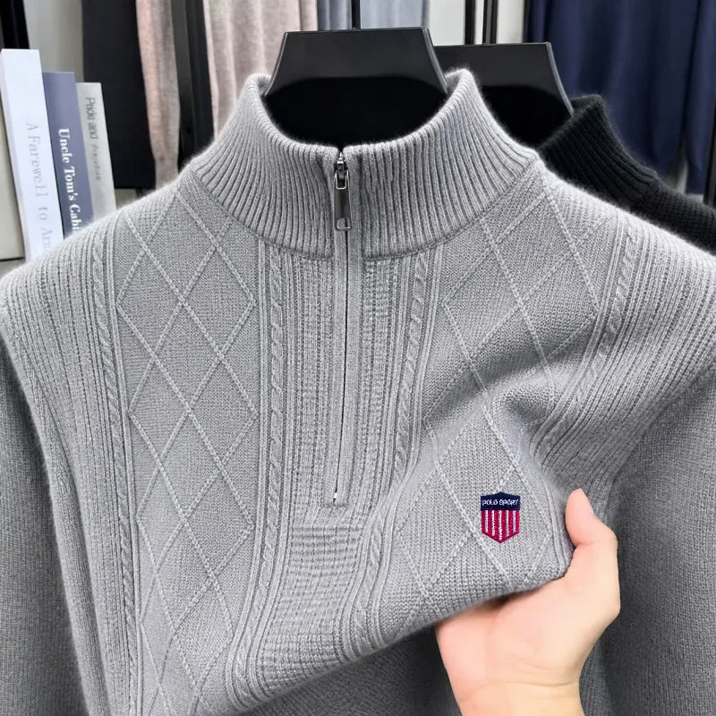 Men's Long-Sleeved Knitwear Mock Neck Zipper Letter Exquisite Embroidery Autumn Winter New Pullover Leisure Trend Men's Clothing