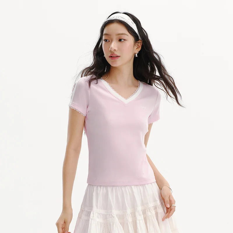 Semir Women Tshirt Cool Feeling Cropped Lace V Neck Slim Contrast Short Sleeve Summer 2026 Casual Fashion Style Top