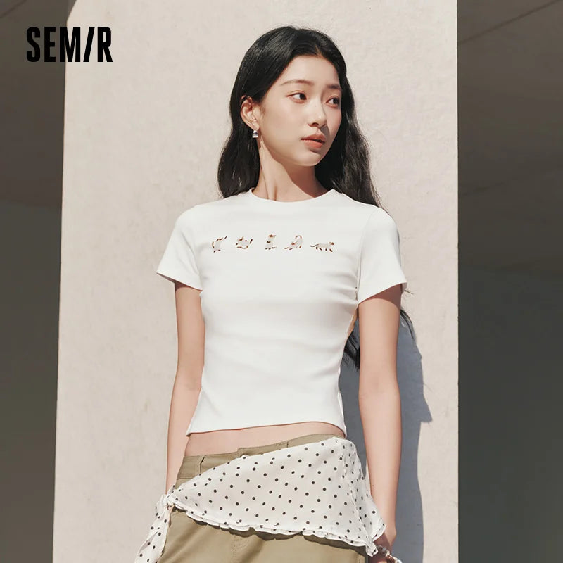 Semir Womens Tshirt 2026 Short Slim Regular Shoulder Cat Printed Cute Casual Fashion Daily Wear