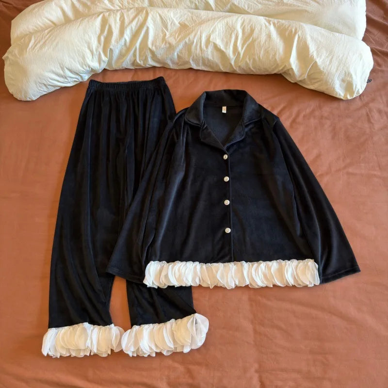 Double-sided Velvet Women Pajama Spring Autumn Winter Warm Long-sleeved Lace Soft Chest Pad Sleepwear Set Women's Home Clothes