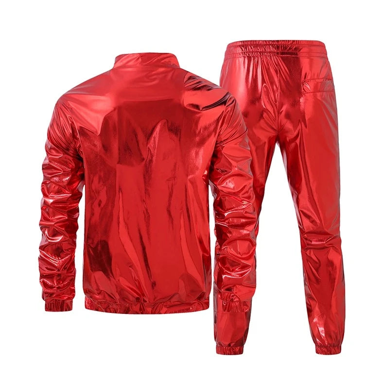 Lightweight Men's Silver Stand-up Collar Jacket Paired with Elastic Waist Pants, Gold Nightclub/Stage Performance Two-Piece Set.