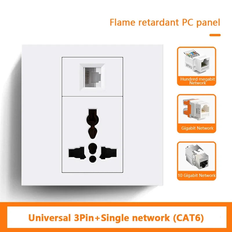Universal 3-pin Wall Power Socket with Cat6 Network /HDML /USB Type-c/Fiber UK Wall PC Socket Intelligent Electrical Outlet plug