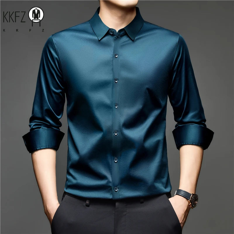 Mens Lightweight Button Up Dress Shirt Lapel Collar Long Sleeve Glossy Texture Top For Daily Business Occasions