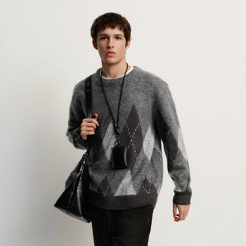 Semir Knitted Sweater Men Winter Faux Mohair Plaid Jacquard 2025 New Retro Preppy Style Couple Outfit Men'S Wear