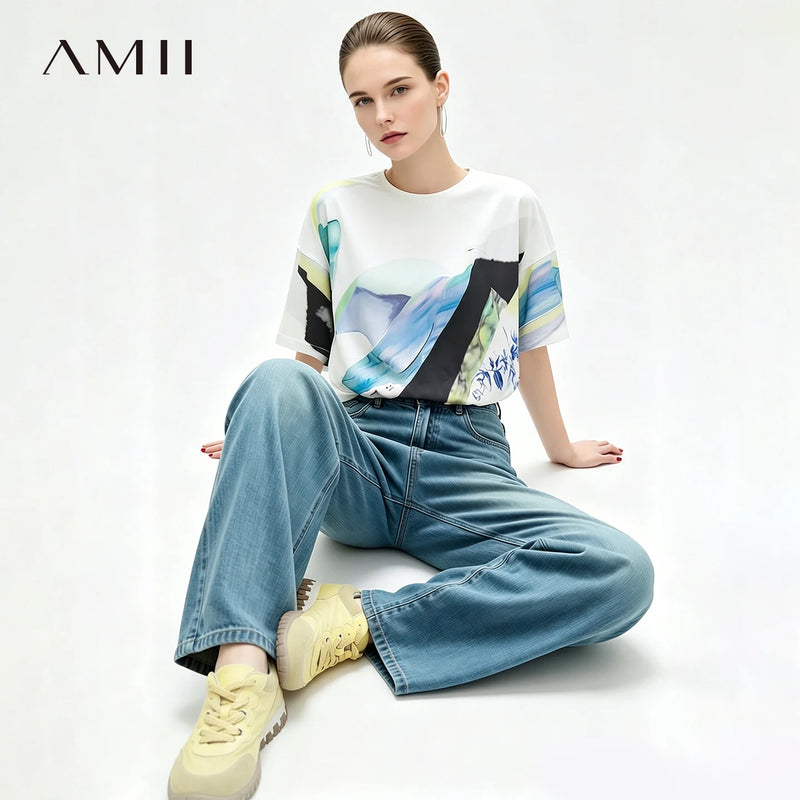 Amii Printed Women's Blouse 2026 Summer New Round Neck Drop Shoulder Chiffon Top Loose Breathable Casual Woman Clothes 12652010