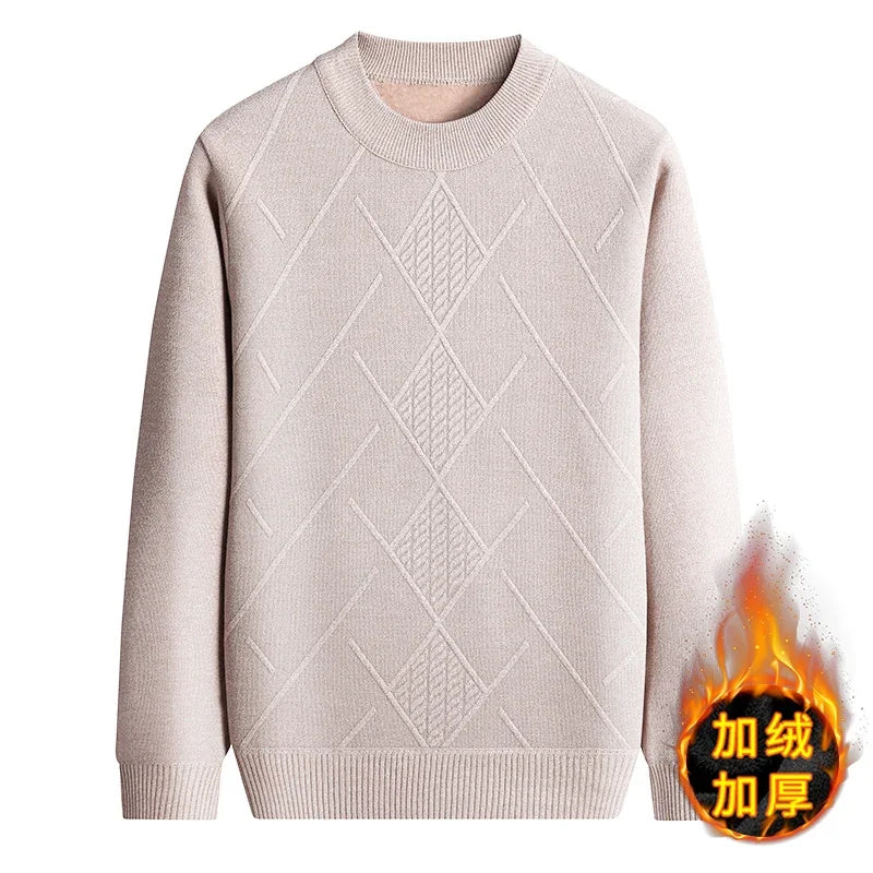 Breathable Outer Knit Men Thermal Jumper Full Plush Inner Retro Rhombus Jacquard Daily Commuting Pullover