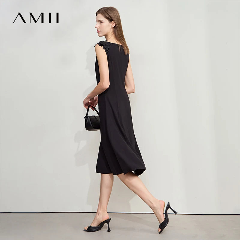Amii Women Minimalist Sleeveless Black Dress 2026 Summer New Office Lady Elastic Lace Elegant Slim Fit Waist Dresses 12522051