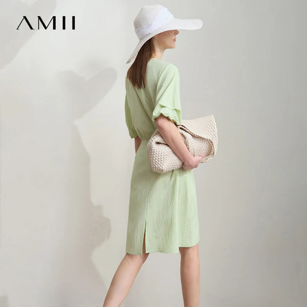 AMII Women Elegant Summer Dresses 2026 Round Neck Lantern Sleeve Solid Dress Female New Fashion Office Lady Clothing 12542030