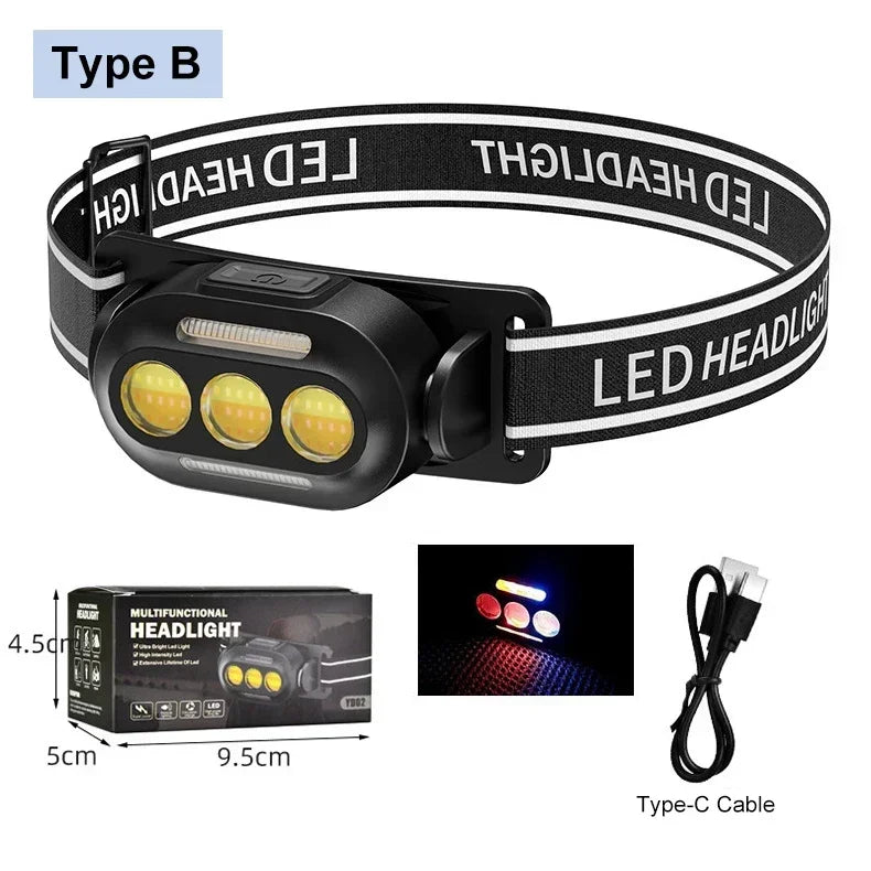 ភ្លើងមុខ COB LED ដ៏មានអានុភាពខ្លាំង ប្រើ USB ទៅ Type-C សាកថ្មបាន ពិលក្បាល ពិលភ្លើងមុខ សម្រាប់នេសាទ បោះតង់