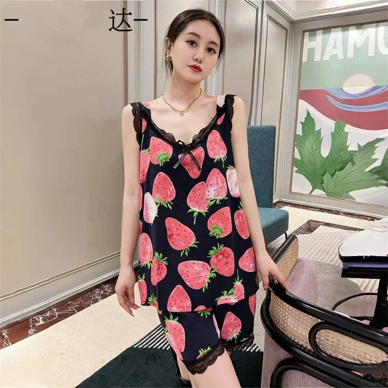 XL-6XL Sweet Thin Sleeveless Tops Shorts Set V Neck Sleepwear Women Plus Size Rayon Nightwear Pajamas Female Loungewear Suit