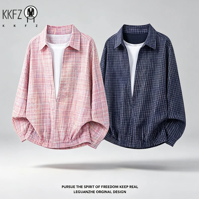 Men Wrinkled Check Lapel Shirt Long Sleeve Relaxed Fit Textured Material Breathable Daily Casual Outerwear