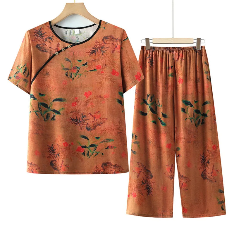 Thin Middle-aged Summer Pajama Set Floral Night Wear for Ladies Sleepwear Loose Soft Short Sleeve Nightwear for Woman Pijama