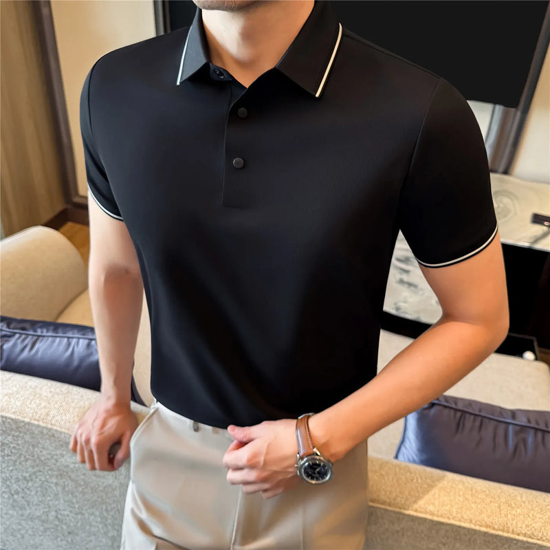 Men’s Slim Fit Polo Shirt with Contrast Collar Wrinkle-Free, Odor-Resistant Business Casual Top Sun-Friendly Fabric