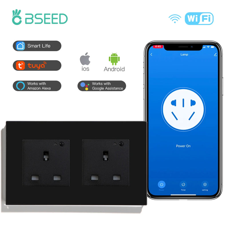 BSEED UK Standard Wifi Smart Socket Smart Double Electric Power Outlets Support Tuya Smart Iife Alexa Control 13A