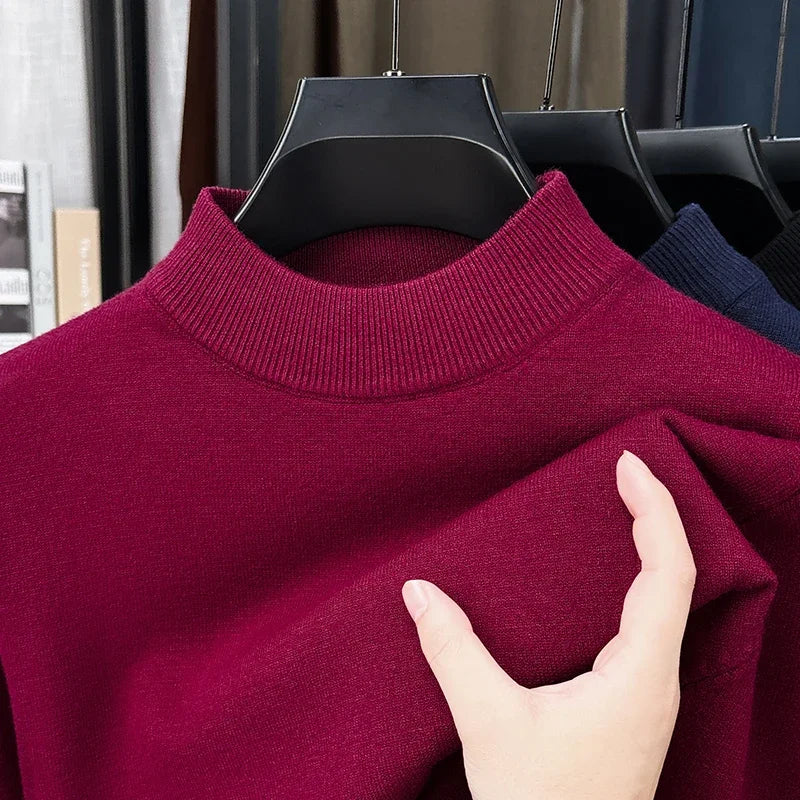 Male Classic Mid Neck Knit Jumper Long Sleeve Rib Trim Lightweight Fabric Travel Street Daily Outfit