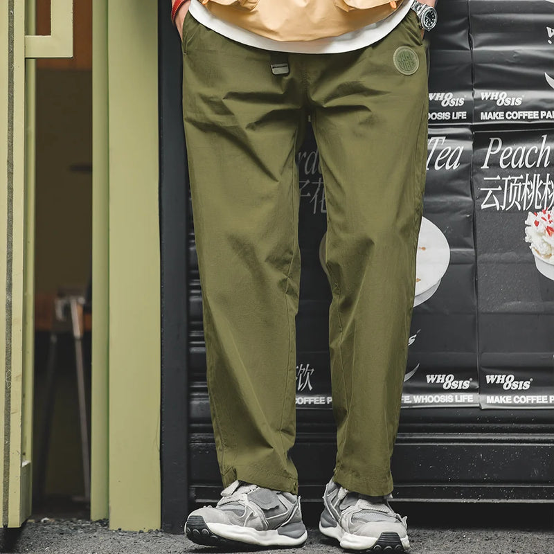 Maden Men's Drawstring Straight Tactical Pants Outdoor Green Casual Cargo Pants Wide Trousers Stylish Techwear