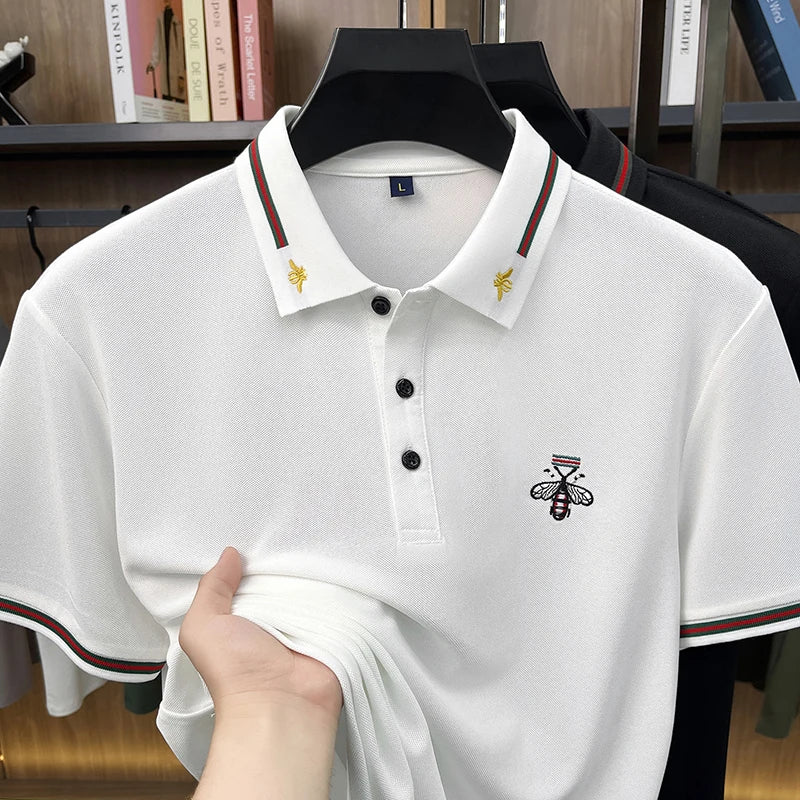 Original Man Short-Sleeved Polo Shirt Lapel Button Bee Embroidery Summer New British Style T-Shirt Business Casual Men'sClothing