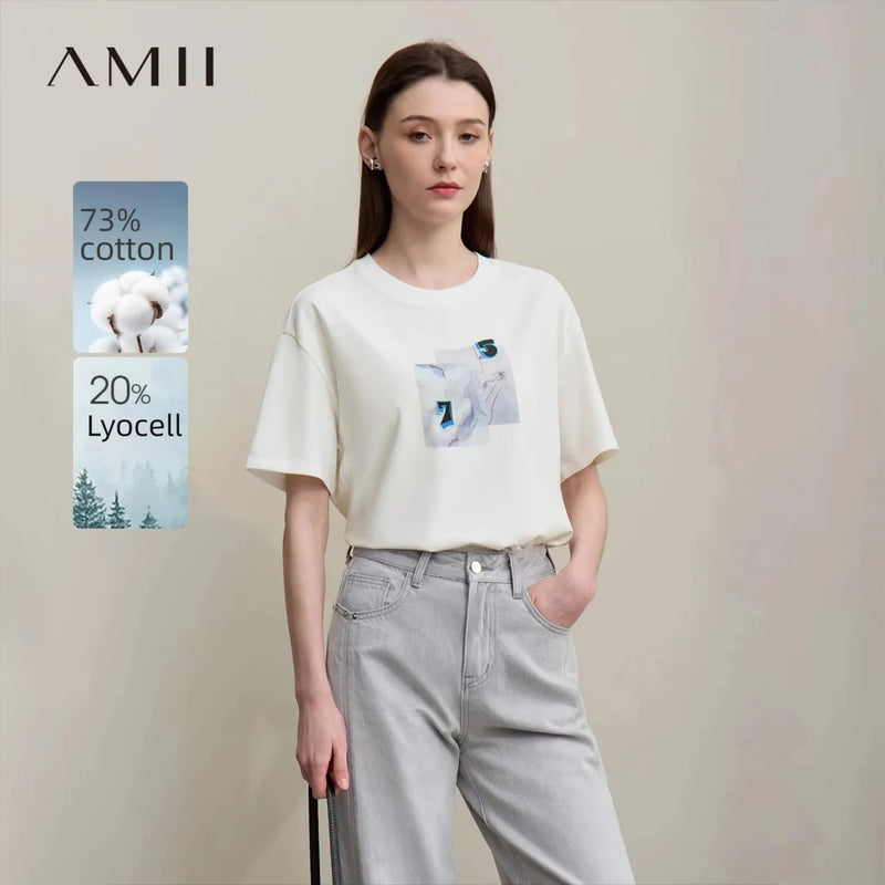 Amii Women's Tee Shirt 2026 Summer New Round Neck Drop Shoulder Short Sleeve Cotton Tee Embroidered Loose Top Women 12642114