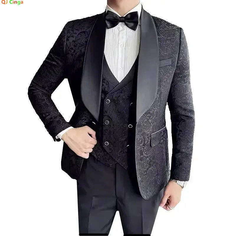 2026 New Men's Apricot Embroidered Suit 3-Piece, Jacquard Fabric Dress Jacket and Vest with Trousers, Branded Clothing