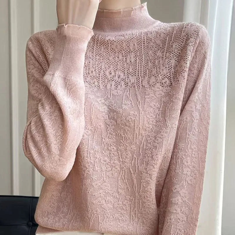 ទាញ Femmes ពាក់កណ្តាល Turtleneck Knitwear កំពូល Elegant Ladies Pullover អាវរដូវស្លឹកឈើជ្រុះរដូវរងា Bottoms ស្លៀកអាវយឺតស្ត្រី Jumper