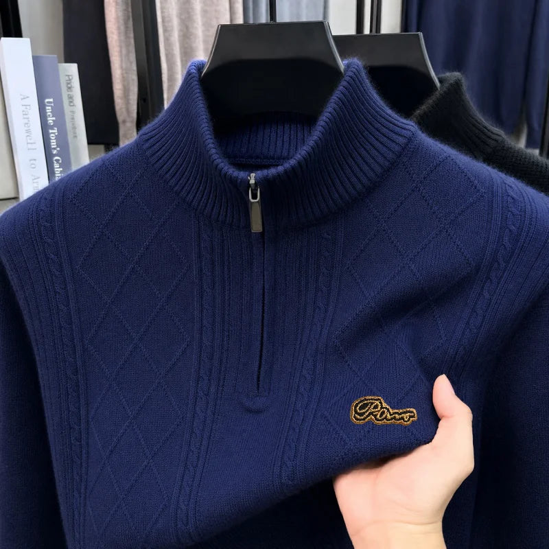Men's Long-Sleeved Knitwear Mock Neck Zipper Letter Exquisite Embroidery Autumn Winter New Pullover Leisure Trend Men's Clothing