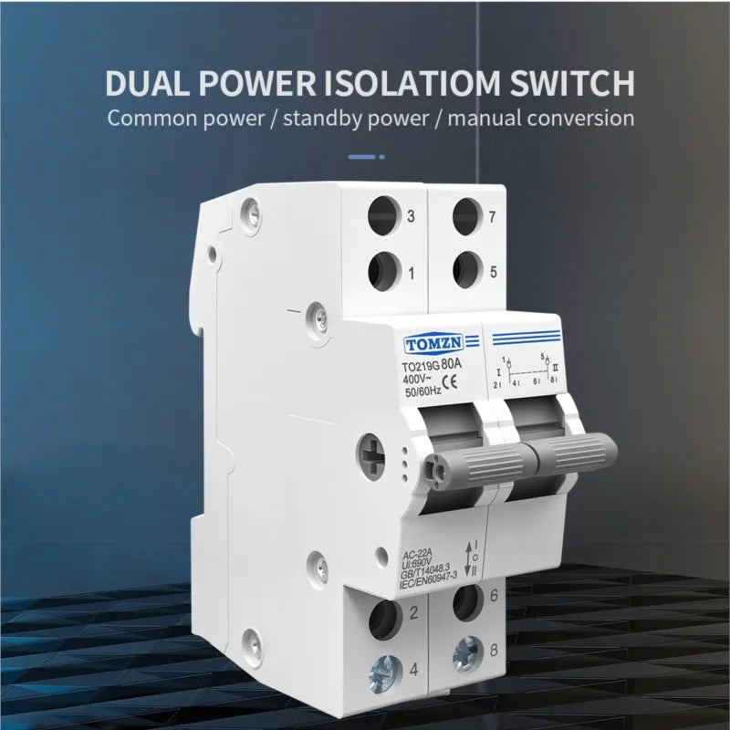 TOMZN TO419G Changeover Switch 1234P 400V 80A MTS Dual Power Manual Transfer Isolating Interlock Circuit Breaker Disconnectable