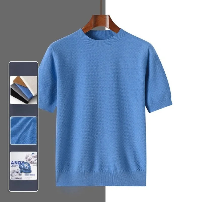 Men's Knit Short Sleeve T-Shirt – Solid Color Crew Neck Casual Top, Soft Breathable Wear for Business & Daily Style