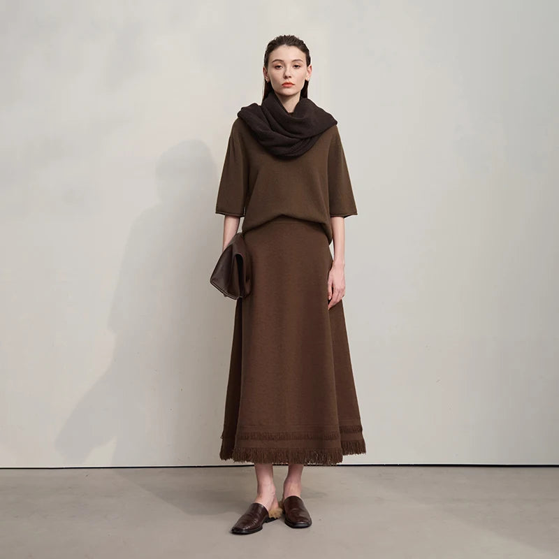 AMII Women's Skirt 2026 Winter Minimalist Solid Color Tassel A-Line Long Skirts For Women Loose Knitted Clothing Female 12544018