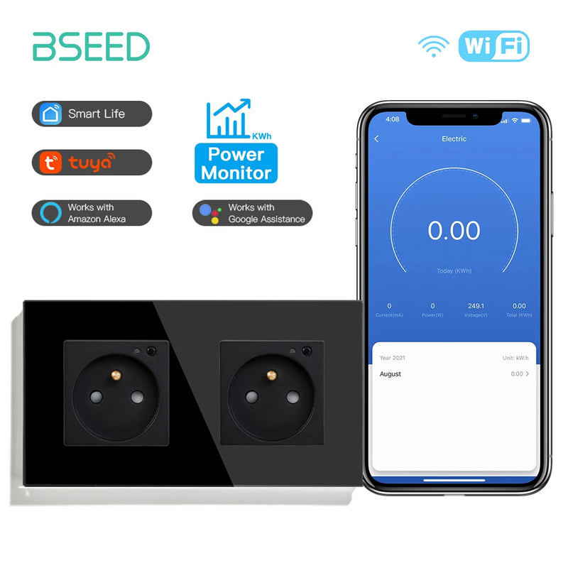 BSEED French Standard Electrical Wifi Smart Socket French Type Power Monitor Timing Function Tuya Alexa Wireless Control 16A