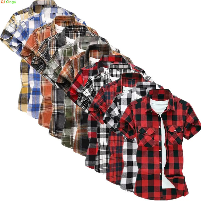 Men Red Striped Plaid Short-sleeved Shirt, Single-breasted Square Collar Cotton Shirts Summer Fashion Casual Camisa Men Chemise
