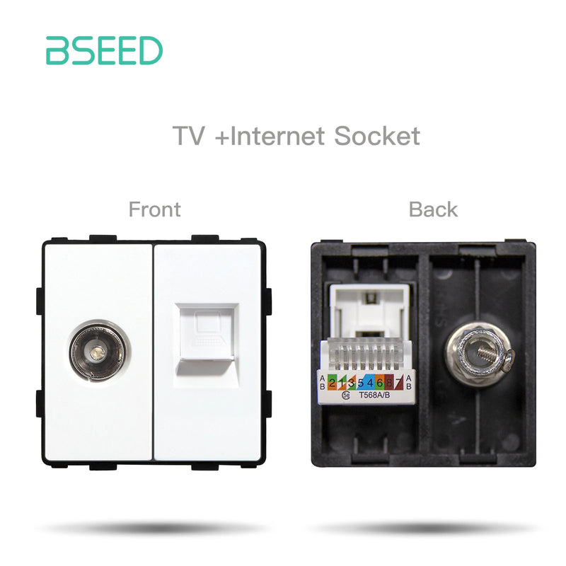 BSEED EU Standard Wall Socket with USB RJ45 TV Satellite Plug Glass Panel DIY Free Combination Function Part for Home Automation