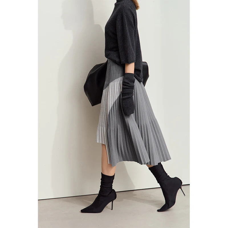AMII Women's Minimalise Patchwork Skirts 2026 Winter Versatile A Line Pleated Irregular Female Commuter Knitted Skirt 12424047