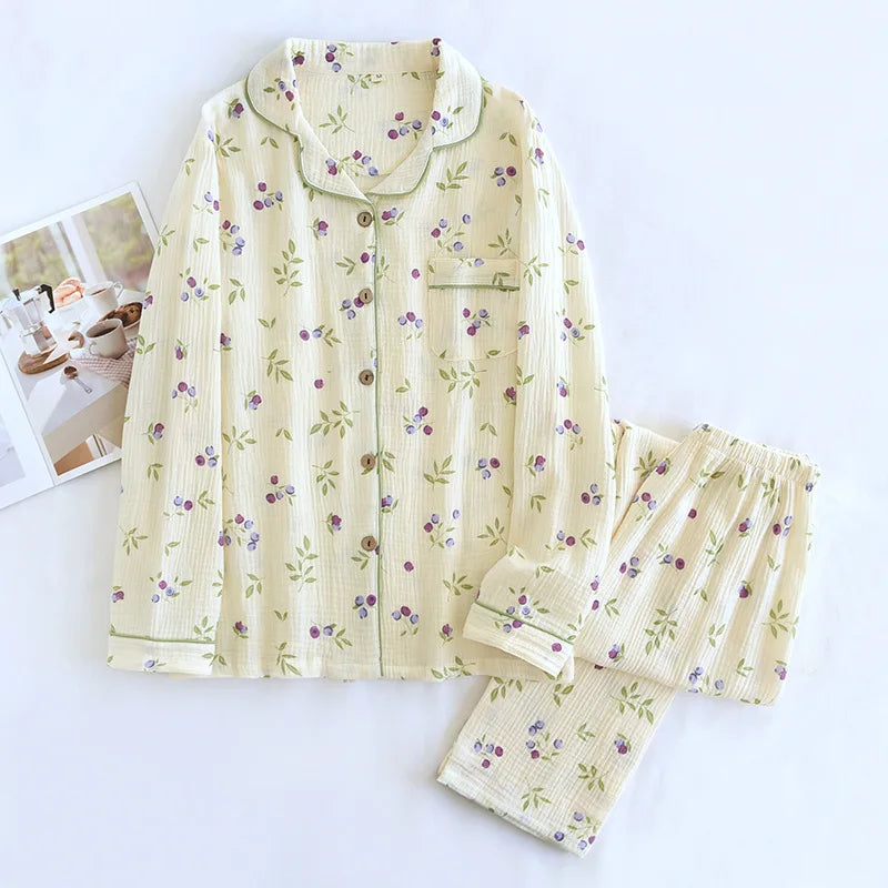 2026 Spring and Autumn Women's Pajama Set 100% Cotton Crepe Long sleeved Pants Two piece Cute and Sweet Ladies Home Fury Set