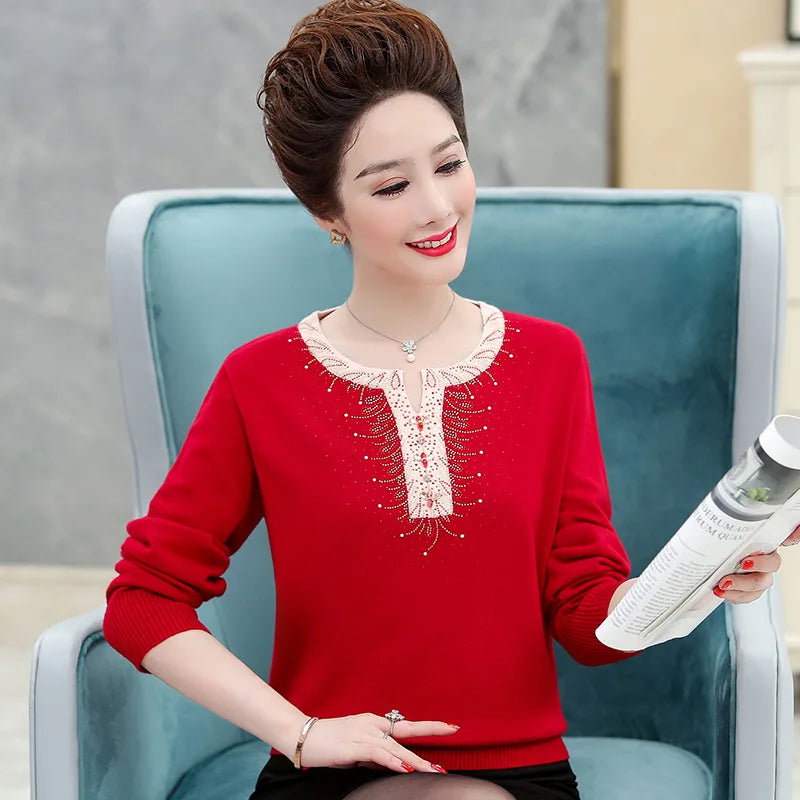 Hot Sweaters & Jumpers New Pullover Knitwear Tops Women Spring Autumn Long Sleeve Middle Aged Mother Clothing Woolen Blouse