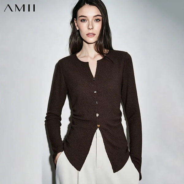 Amii Long Sleeve Women's T-shirt 2026 Autumn New Minimalist Slim Elastic Flare Sleeve Knitted Pullover Tops For Woman 12611001