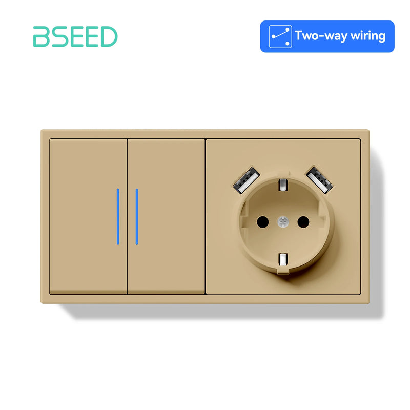 BSEED 1/2Gang 2Way Button Light Switch With EU Socket 20W AC Socket Plastic Frame Wall Switch On Off For Stairs LED Backlight
