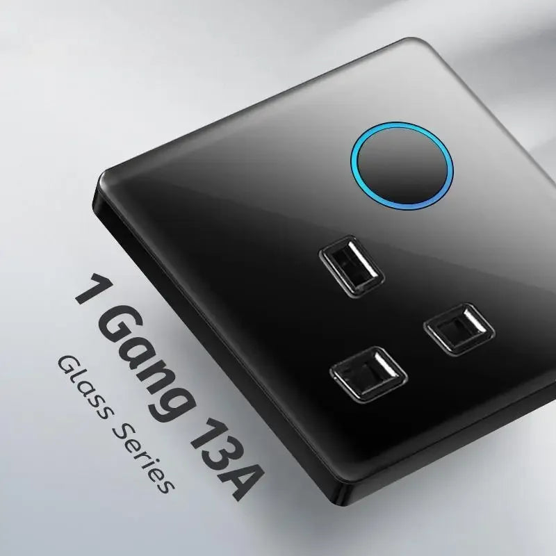 Black Tempered Glass Button Reset Wall Light Switch with LED Aperture,Uk 13A Usb C Fast Charging Wall 220V Electrical Socket