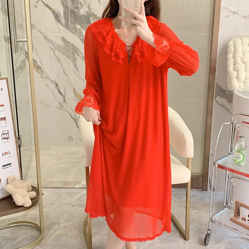 Court Princess Nightgowns Modal Spring Autumn Medium Long Pajamas Dress Lace Mesh Loungewear Nightdress Women Sleepwear