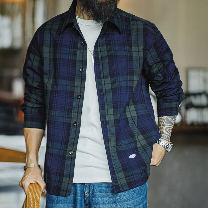 Maden Men's Vintage Blue-Green Plaid Shirt Cotton Long Sleeve Shirts Fish Embroidery Single-breasted Blouse  for Spring Fall